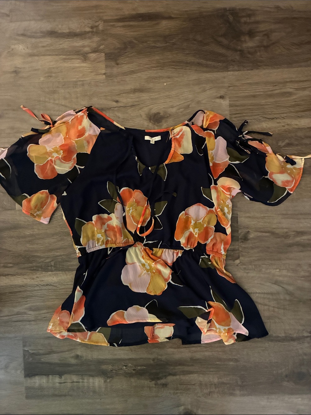 Floral Cold-Shoulder Peplum Top in Navy and Orange